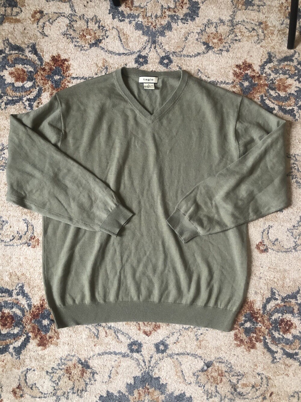 Tagio Sweater Mens XL Merino Wool Blend V Neck Long Sleeve Olive Green